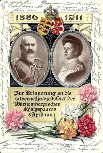 Ak König Wilhelm II. von Württemberg, Marie zu Waldeck und Pyrmont, Silberhochzeit 1911, Wappen