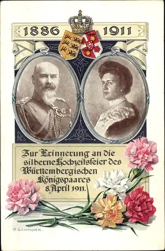 Ak König Wilhelm II. von Württemberg, Marie zu Waldeck und Pyrmont, Silberhochzeit 1911, Wappen