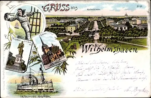 Litho Wilhelmshaven, Adalbertstraße, Rathaus, SM Panzerschiff König Wilhelm, Denkmal, Matrose