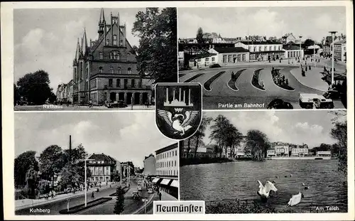 Ak Neumünster in Schleswig Holstein, Rathaus, Kuhberg, Partie am Bahnhof, Teich, Schwan, Wappen