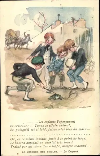 Künstler Ak Poulbot, Francisque, La Legende des Siecles, Le Crapaud, Kinder spielen mit Kröte