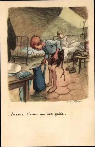 Künstler Ak Poulbot, Francisque, Encore l'eau qu'est gelée, Ligue Nationale contre le Taudis