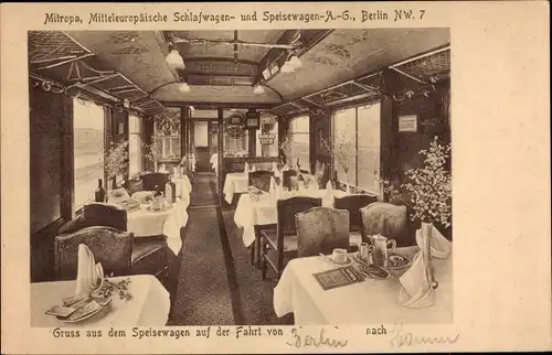 Ak Mitropa, Speisewagen, Innenansicht, Deutsche Eisenbahn, Reklame