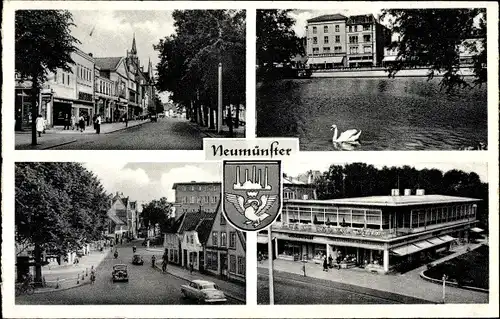 Ak Neumünster in Holstein, Straßenpartie, Uferpartie, Karstadt, Konditorei, Wappen