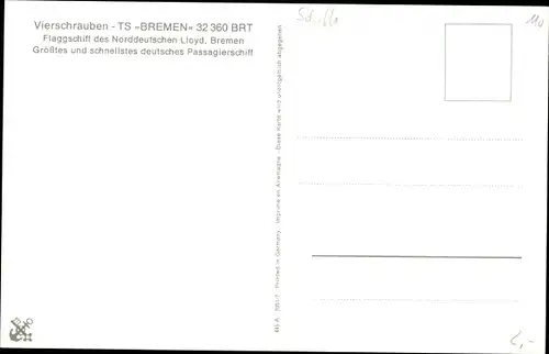 Ak Vierschrauben TS Bremen, Dampfer, Norddeutscher Lloyd