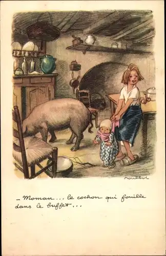 Künstler Ak Poulbot, Francisque, Ligue Nationale contre le Taudis, Kinder und Schwein in einer Küche