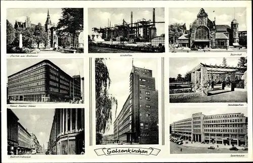 Ak Gelsenkirchen, Stadtgarten, Bahnhof, Sparkasse, Rathaus, Hans Sachs Haus, Hochöfen, Kaufhaus