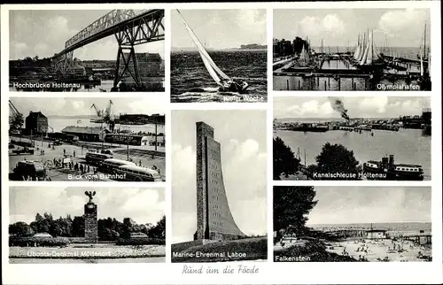 Ak Kiel in Schleswig Holstein, Hochbrücke Holtenau, Uboots Denkmal Möltenort, Olympiahafen, Laboe