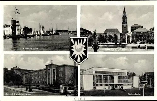 Ak Kiel, Kieler Woche, Rathaus, Stadttheater, Ostseehalle, Landesregierung, Wappen