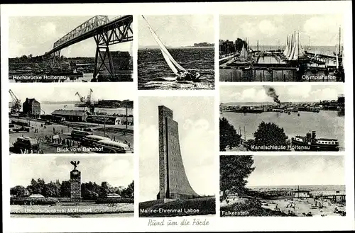 Ak Kiel in Schleswig Holstein, Hochbrücke Holtenau, Uboots Denkmal Möltenort, Olympiahafen, Laboe