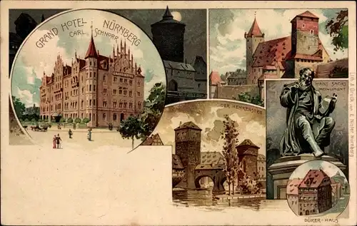 Litho Nürnberg in Mittelfranken Bayern, Grand Hotel, Henkersteg, Hans Sachs Monument, Dürerhaus