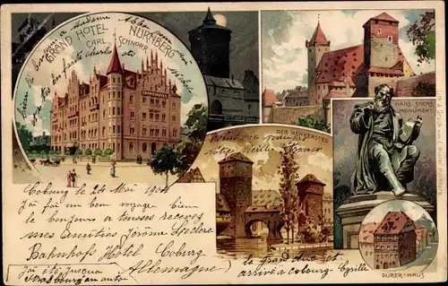 Litho Nürnberg in Mittelfranken Bayern, Grand Hotel, Henkersteg, Hans Sachs Monument, Dürerhaus