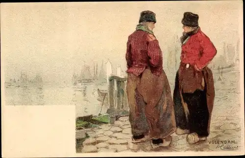 Künstler Litho Cassiers H., Volendam Nordholland Niederlande, Hafen, zwei Männer