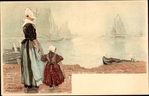 Künstler Litho Cassiers H., Volendam Nordholland Niederlande, Hafen, Frau und Kind in Tracht