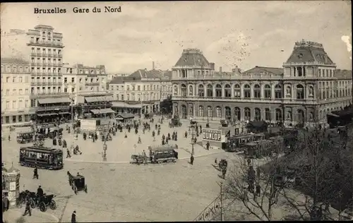 Ak Brüssel, La Gare du Nord, Nordbahnhof, Straßenbahn