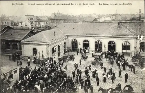 Ak Roanne Loire, Grand Concours Musical International 1908, Gare