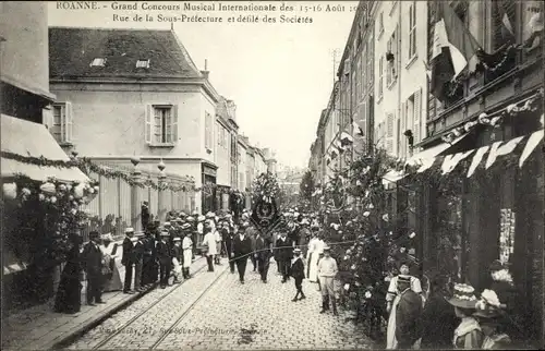 Ak Roanne Loire, Grand Concours Musical International 1908, Rue de la Sous Préfécture