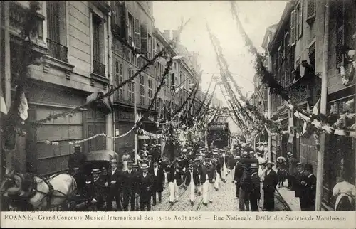 Ak Roanne Loire, Grand Concours Musical International 1908, Rue Nationale