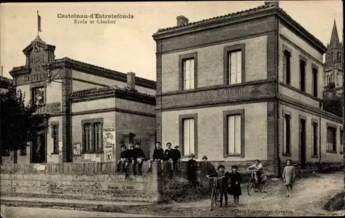 Ak Castelnau-d'Estrétefonds Haute Garonne, Ecole et Clocher