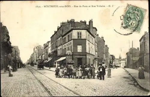 Ak Montreuil sous Bois Seine Saint Denis, Rue de Paris et Rue Voltaire