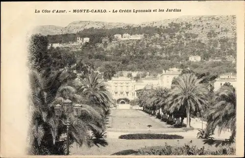 Ak Monte Carlo Monaco, Le Crédit Lyonnais et les Jardins