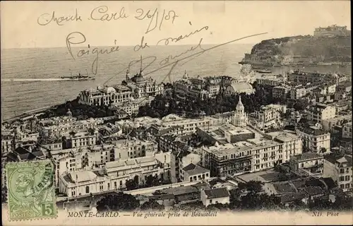 Ak Monte Carlo Monaco, Vue generale prise de Beausoleil