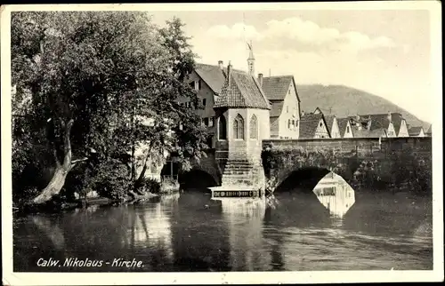 Ak Calw im Nordschwarzwald, Nikolaus-Kirche, Brücke