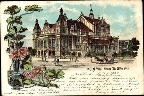 Litho Köln am Rhein, Neues Stadttheater, Außenansicht, Kutsche