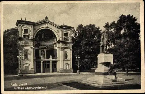 Ak Karlsruhe in Baden, Festhalle und Bismarckdenkmal