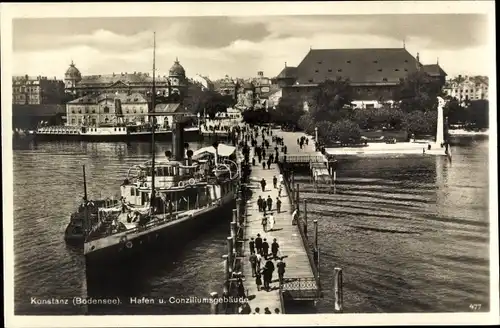 Ak Konstanz am Bodensee, Hafen und Conziliumsgebäude, Dampfschiff