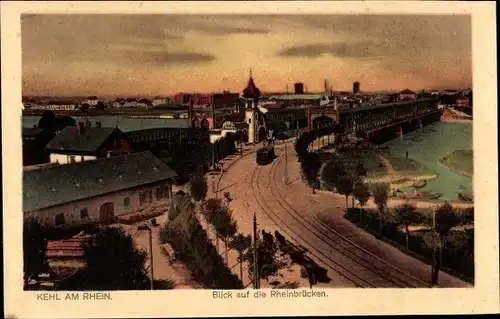 Ak Kehl am Rhein, Blick auf die Rheinbrücken, Straßenbahn