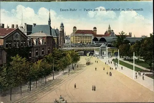 Ak Essen im Ruhrgebiet, Hauptbahnhof mit Hujissostift, Straßenbahn