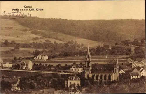 Ak Kusel in der Pfalz, Partie an der Katholischen Kirche, Panorama