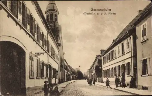 Ak Germersheim in Rheinland Pfalz, Marktstraße und protestantische Kirche, Straßenszene