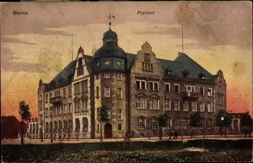 Ak Herne im Ruhrgebiet Westfalen, Postamt, Dämmerung