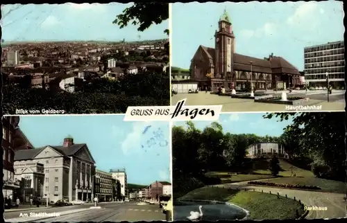 Ak Hagen in Westfalen, Blick vom Geidberg, Hauptbahnhof, Am Stadttheater, Parkhaus