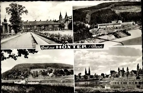 Ak Höxter an der Weser, Panorama, Gebäude, Fluss, Schiff