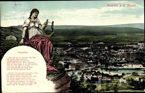 Liedkarten Ak Hameln in Niedersachsen, Teilansicht der Stadt, Vogelschau, Muse mit Harfe, Weserlied