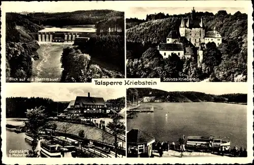 Ak Kriebstein in Mittelsachsen, Talsperre Kriebstein, Schloss, Blick auf die Sperrmauer, Motorboote
