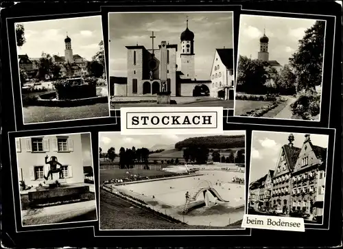 Ak Stockach im Hegau Baden, Kirche, Brunnen, Schwimmbad, Hausfassaden