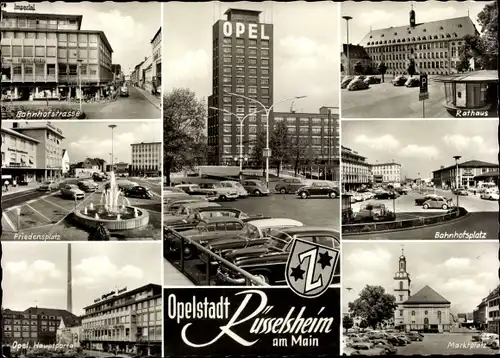 Ak Rüsselsheim am Main Hessen, Wappen, Opel-Werk, Bahnhofstraße, Friedensplatz, Rathaus