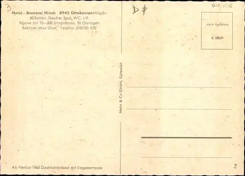 Ak Ottobeuren im Unterallgäu, Hotel Brauerei Hirsch, Außenansicht, Parkplatz, Autos, Reklame