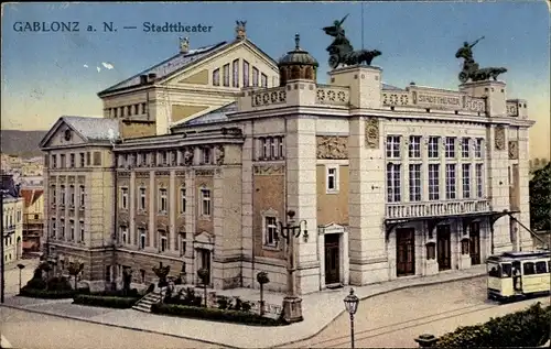 Ak Jablonec nad Nisou Gablonz an der Neiße Region Reichenberg, Stadttheater, Straßenbahn