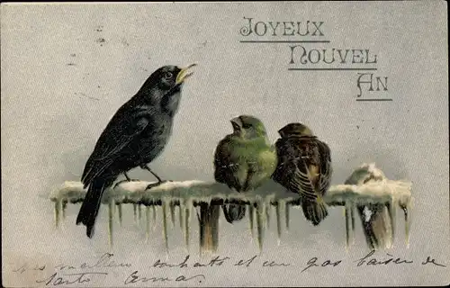 Litho Glückwunsch Neujahr, Singende Vögel