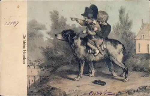 Ak De kleine Napoleon, Kinder auf Hund reitend