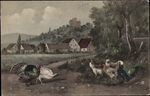 Künstler Ak Dorfpartie, Bauernhof, Truthahn, Hühner