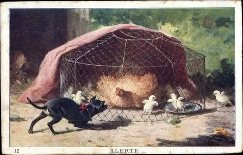 Künstler Ak Henne verteidigt ihre Küken, Katze, Alerte