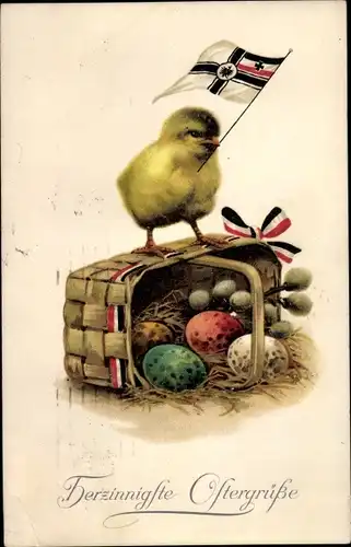 Ak Glückwunsch Ostern, Küken, Ostereier, Weidenkätzchen, Patriotik