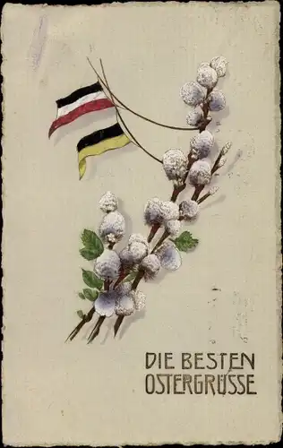 Ak Glückwunsch Ostern, Weidenkätzchen, Kaiserliche und österreichische Fahne