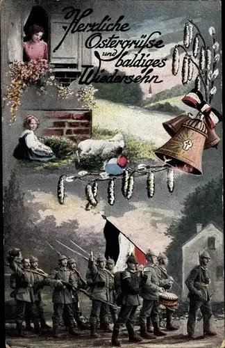 Ak Glückwunsch Ostern, Glocken, Lamm, Soldaten, Weidenkätzchen, Mädchen, Frau